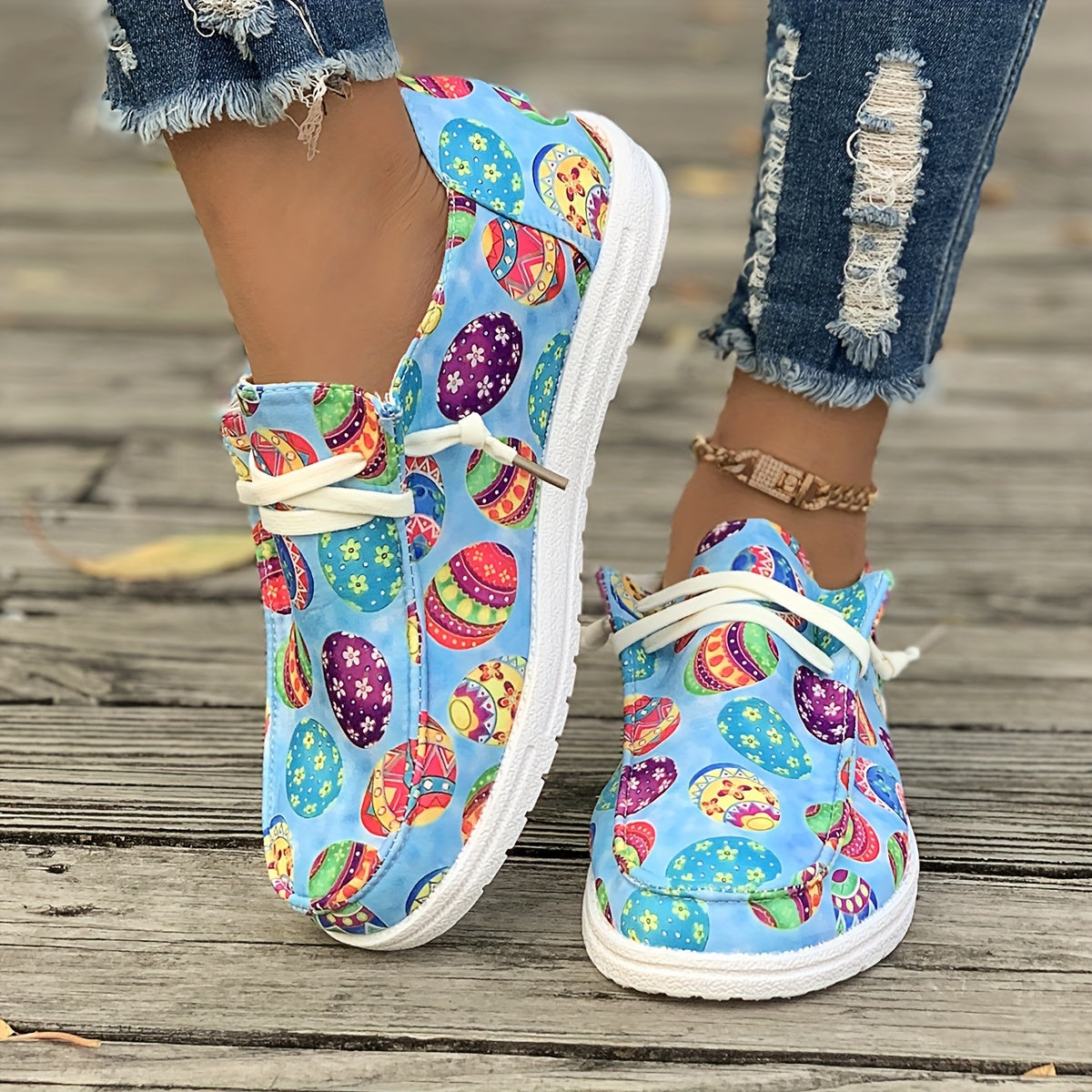 Women's Easter Egg Print Boat Shoes Lightweight Walking Flats Slip-on Sneakers