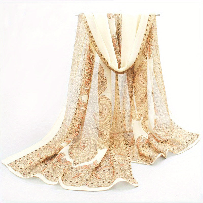 Boho Vintage Print Chiffon Silk Scarf - Summer Beach Towel Shawl