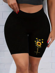  Sunflower & Letter Print High Rise Skinny Shorts