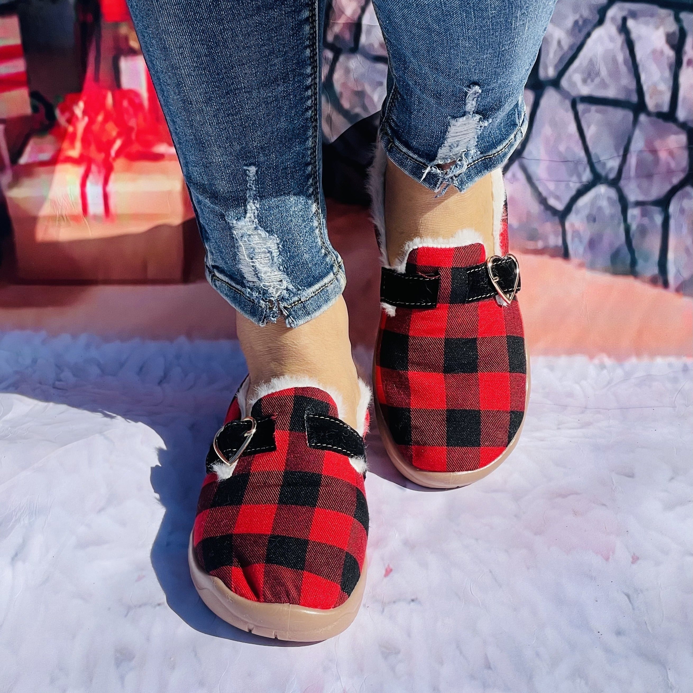 Winter Christmas Women's Plaid Furry Slippers Soft Comfortable Canvas Shoes