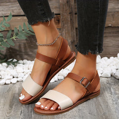 Women's Ankle Strap Flat Sandals Open Toe Faux Leather Casual Beach Shoes
