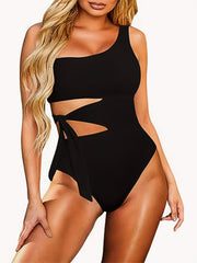  One Shoulder Cut Out Tie Waist One Piece Swimsuit