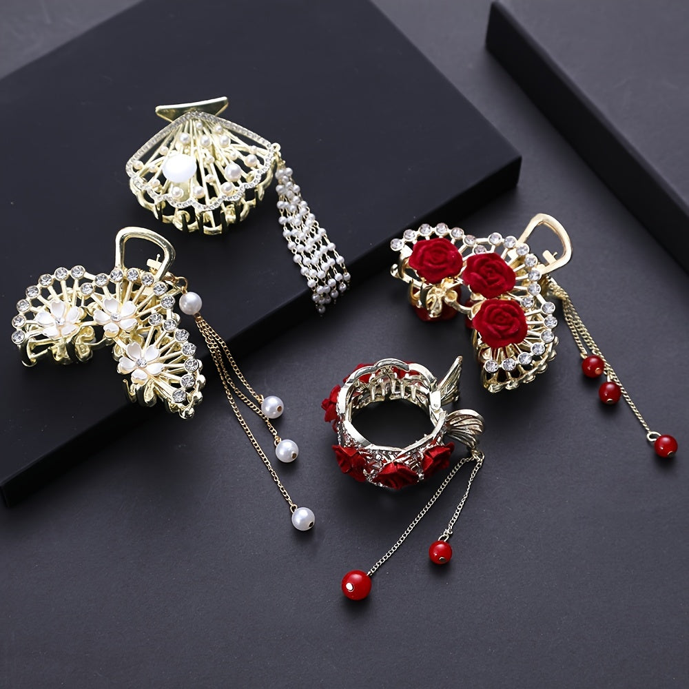 Chinese Style Rose Hair Clip Alloy Hairpin Decorated With Rhinestones Tassel