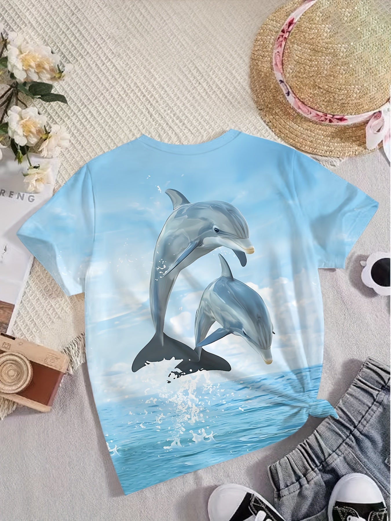 Girls Dolphin Print Short Sleeve T-shirt - Summer Sports Pullover