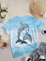 Girls Dolphin Print Short Sleeve T-shirt - Summer Sports Pullover