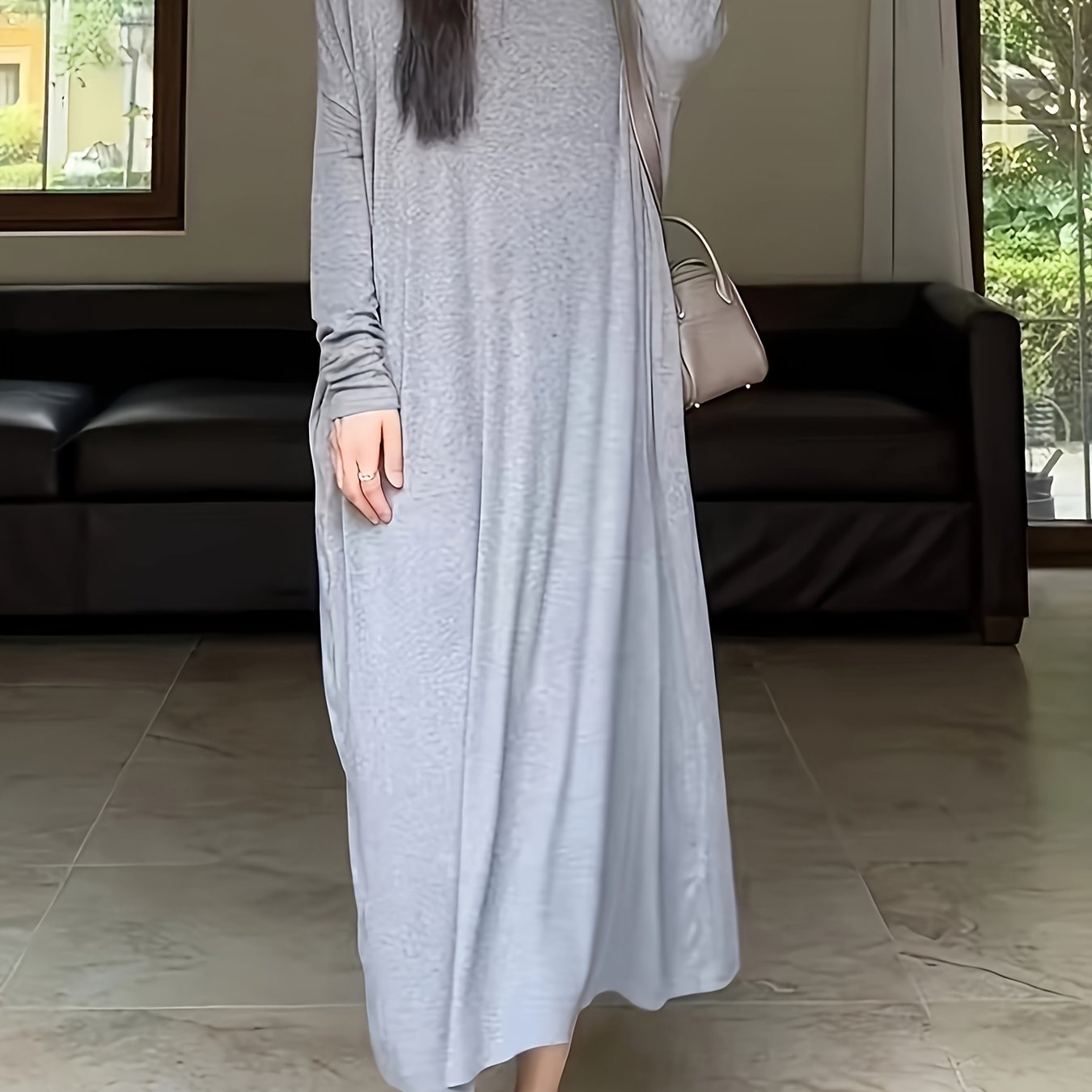  Solid Long Sleeve Maxi Dress With Pockets