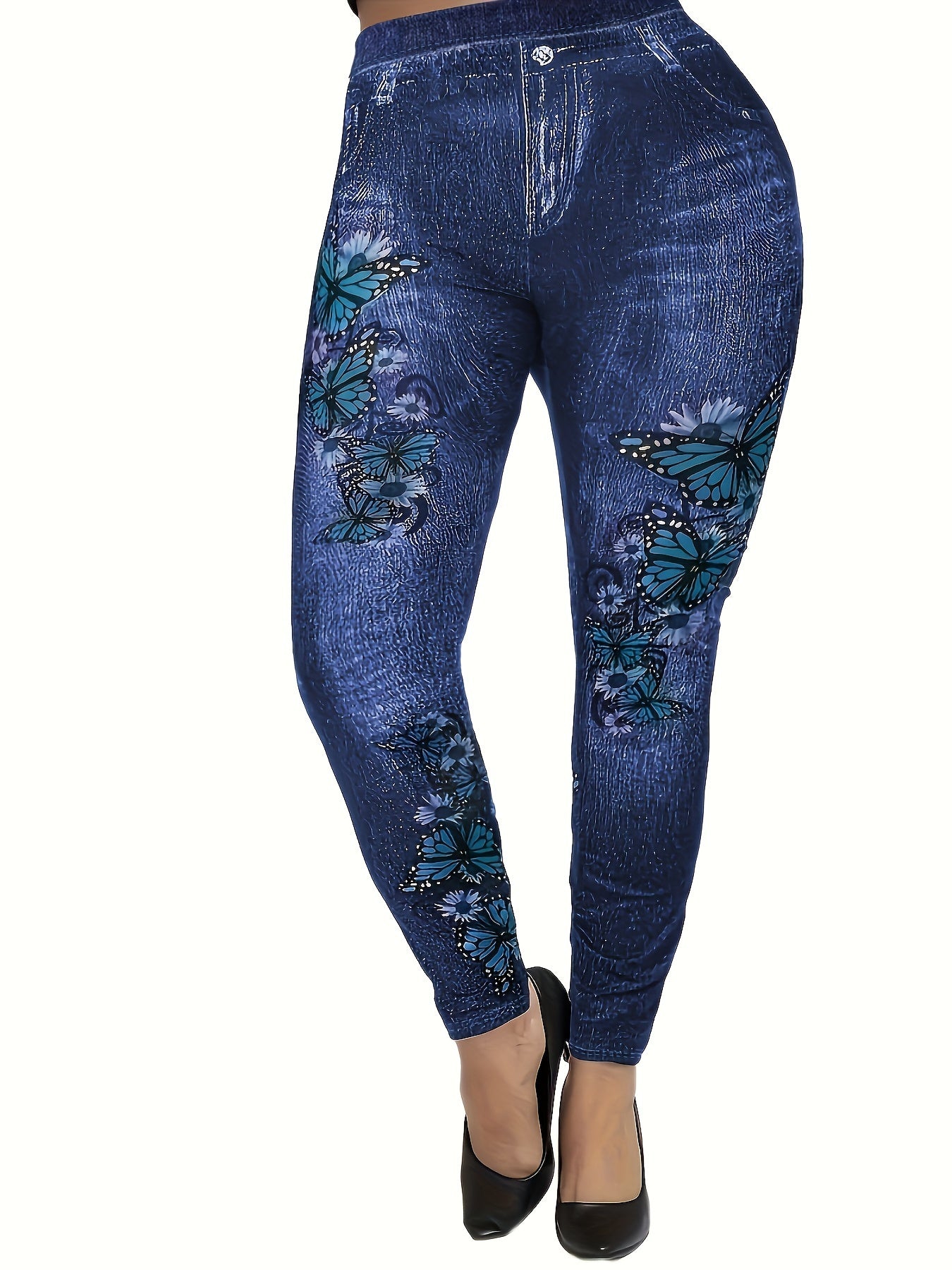  Denim & Butterfly Print Leggings