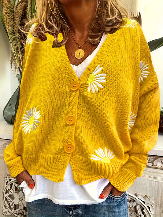  Daisy Pattern Long Sleeve Button Up Sweater Cardigan
