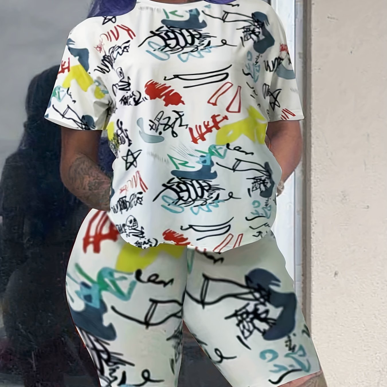 Allover Print Crop Top & Shorts 2 Piece Set