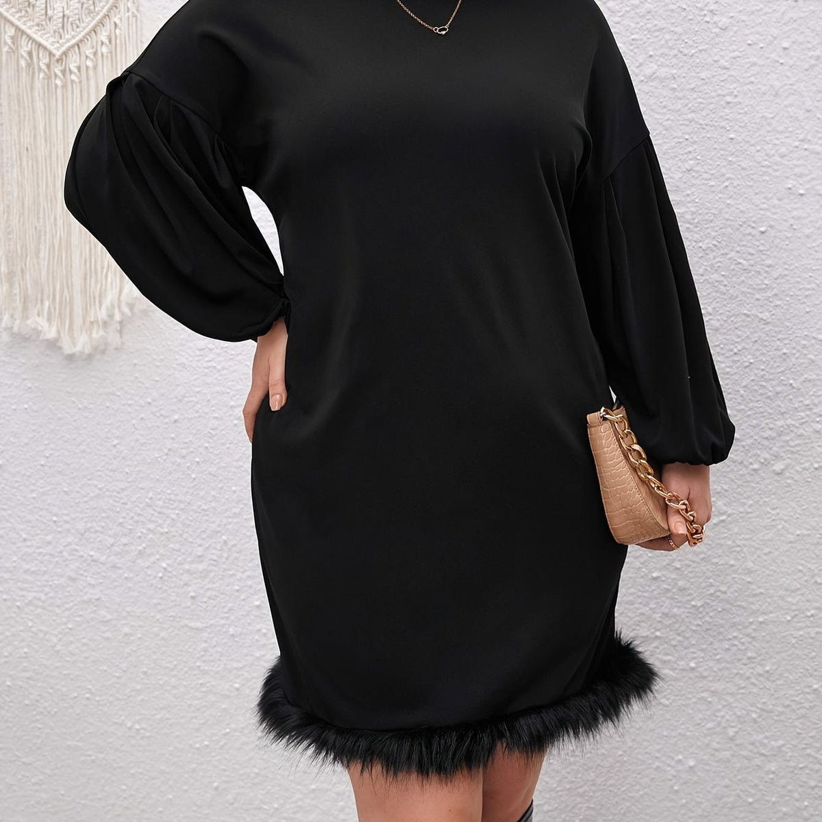  Solid Long Sleeve Round Neck Fuzzy Trim Dress