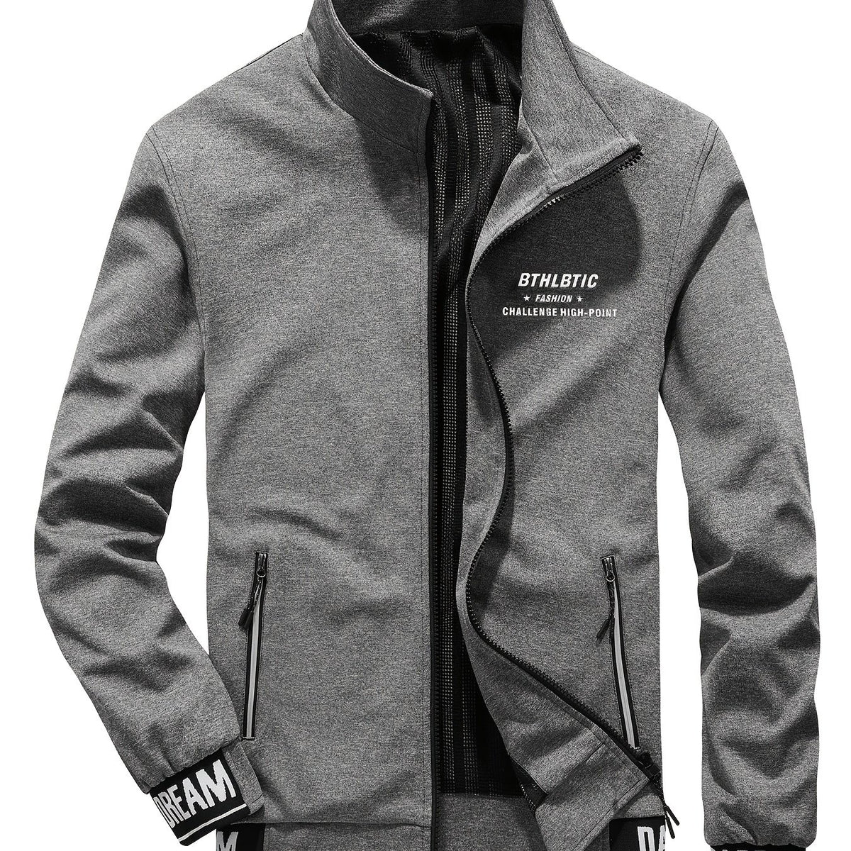 Men's Slim Fit Alphabet Print Zipper Stand Collar Jacket