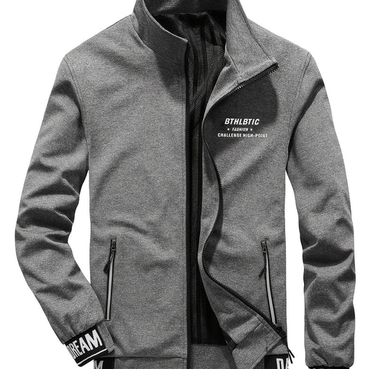 Men's Slim Fit Alphabet Print Zipper Stand Collar Jacket