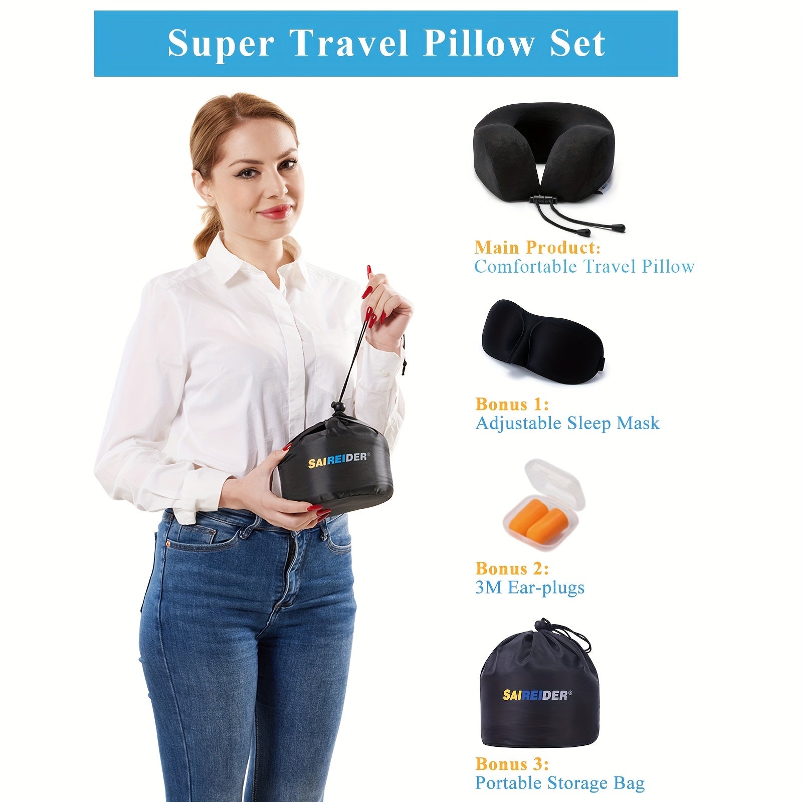 Memory Foam Travel Neck Pillow with Adjustable Support