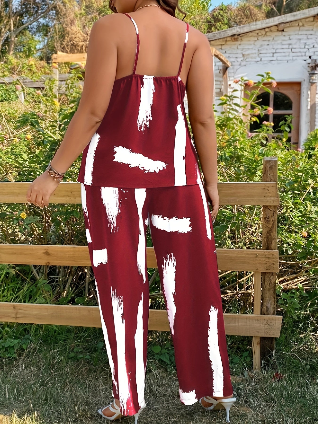  Brush Print V Neck Cami Top & Wide Leg Pants Set