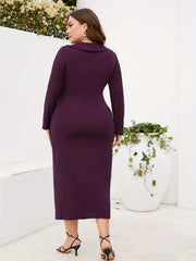  V-Neck Long Sleeve Bodycon Dress with Slit