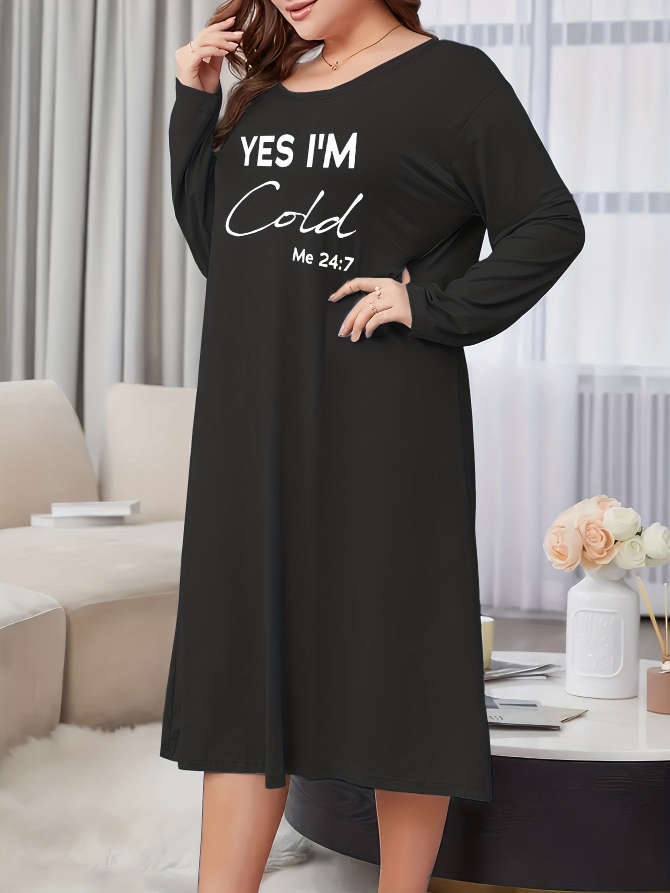 Slogan Print Long Sleeve Casual Lounge Dress