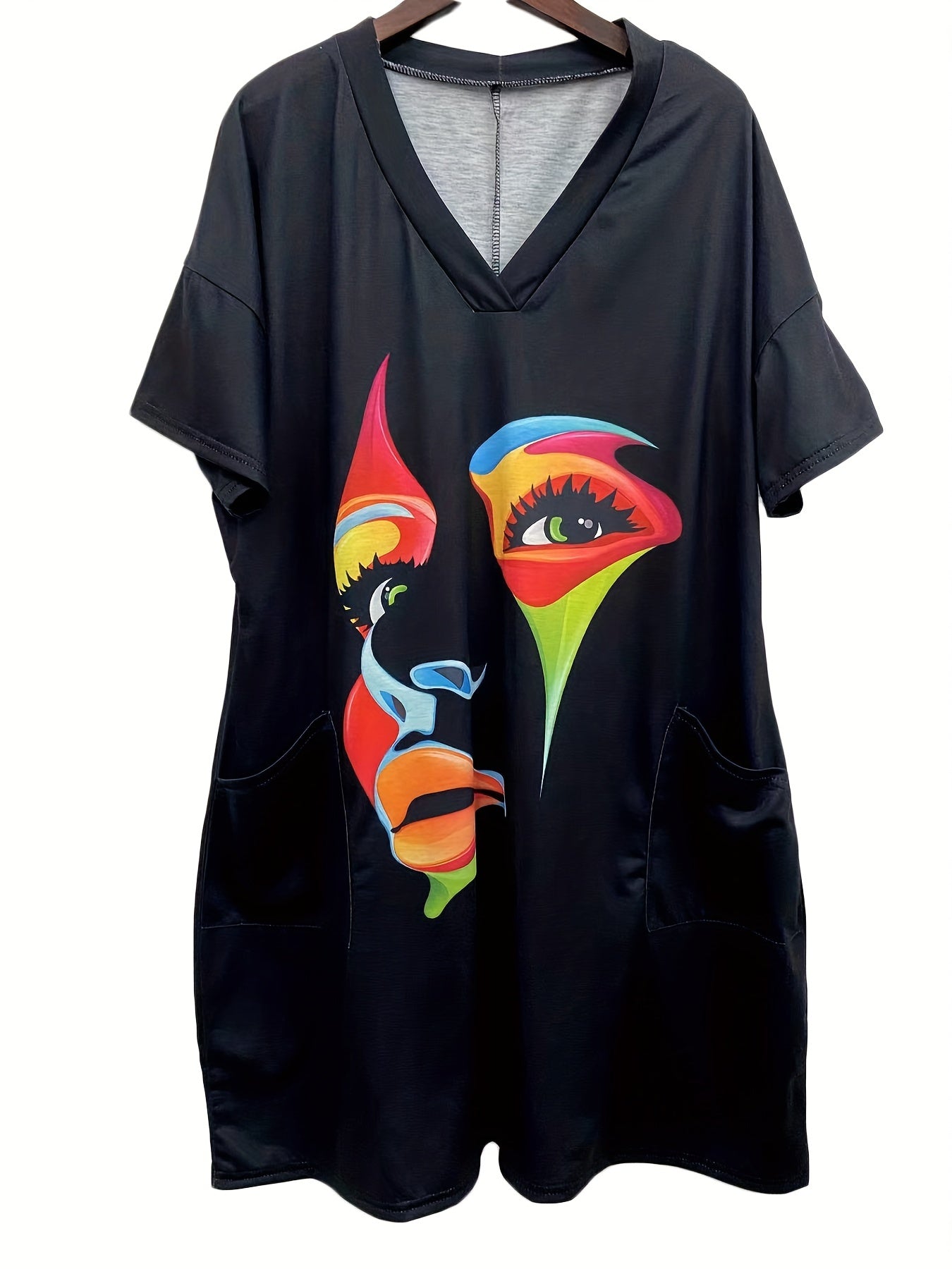  Abstract Print Short Sleeve V Neck Dress With Pockets