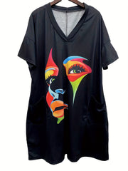  Abstract Print Short Sleeve V Neck Dress With Pockets