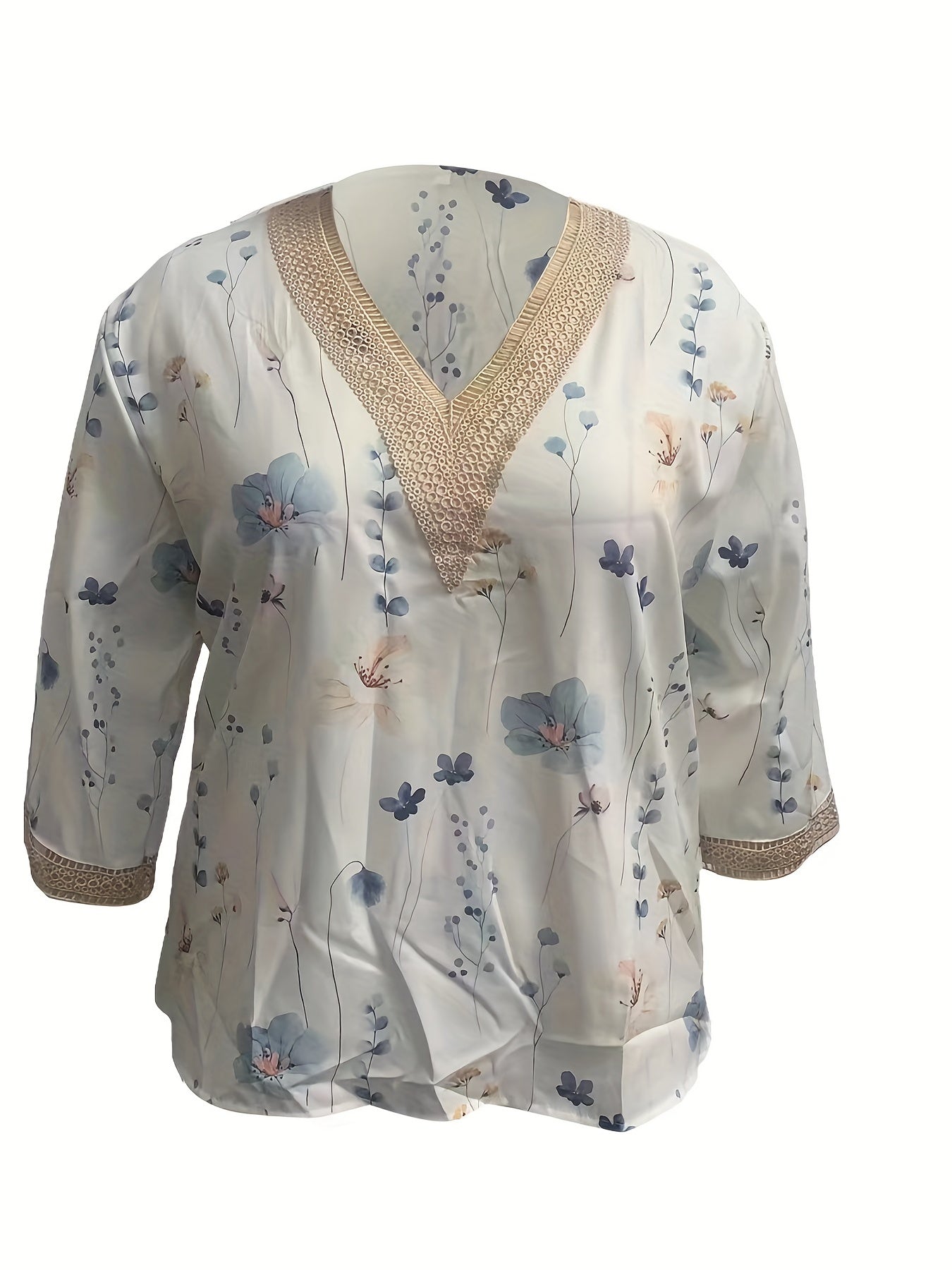  Floral Print Lace Sleeve V Neck Top