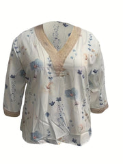  Floral Print Lace Sleeve V Neck Top