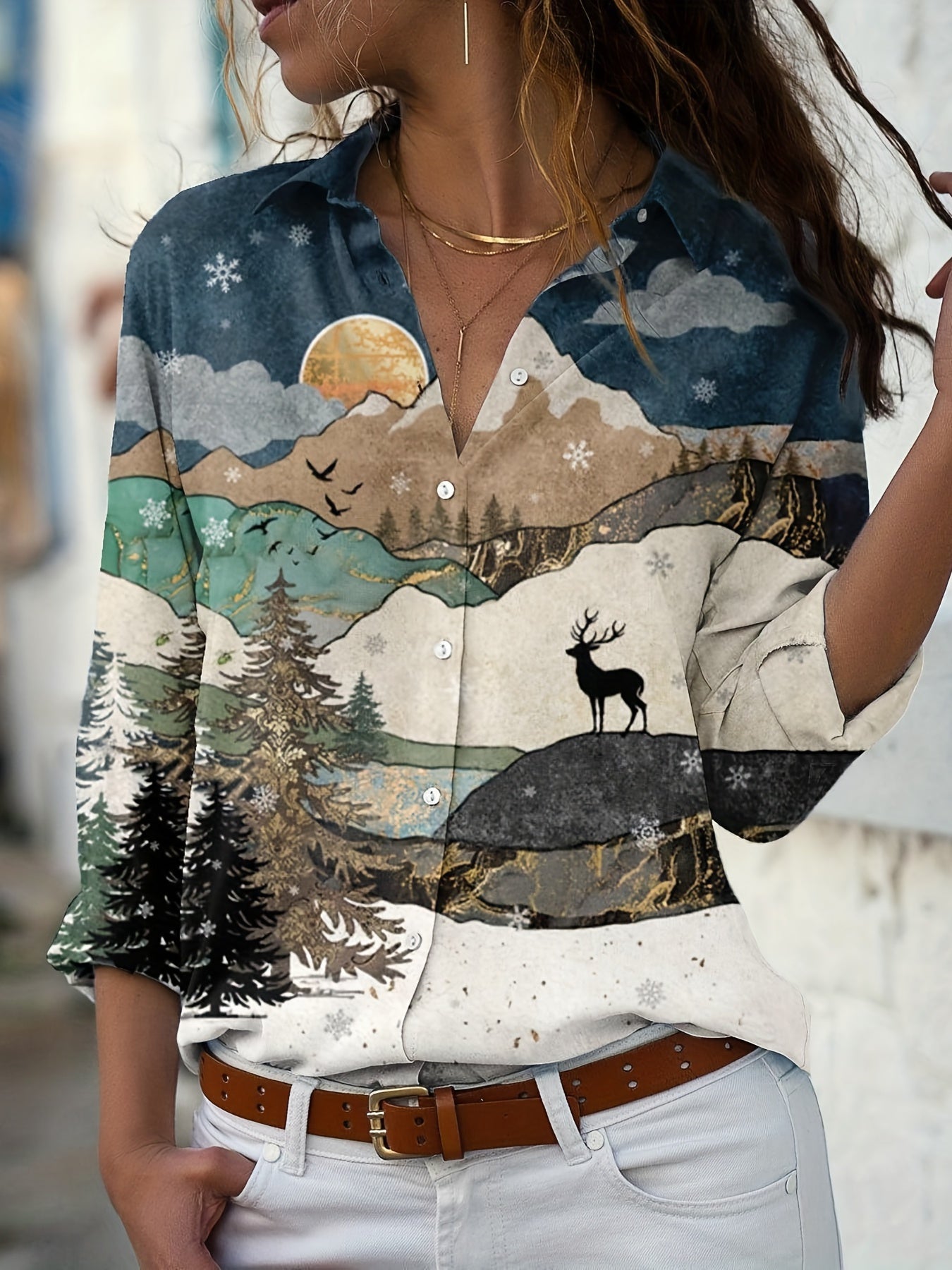  Painting Print Button Up Long Sleeve Blouse