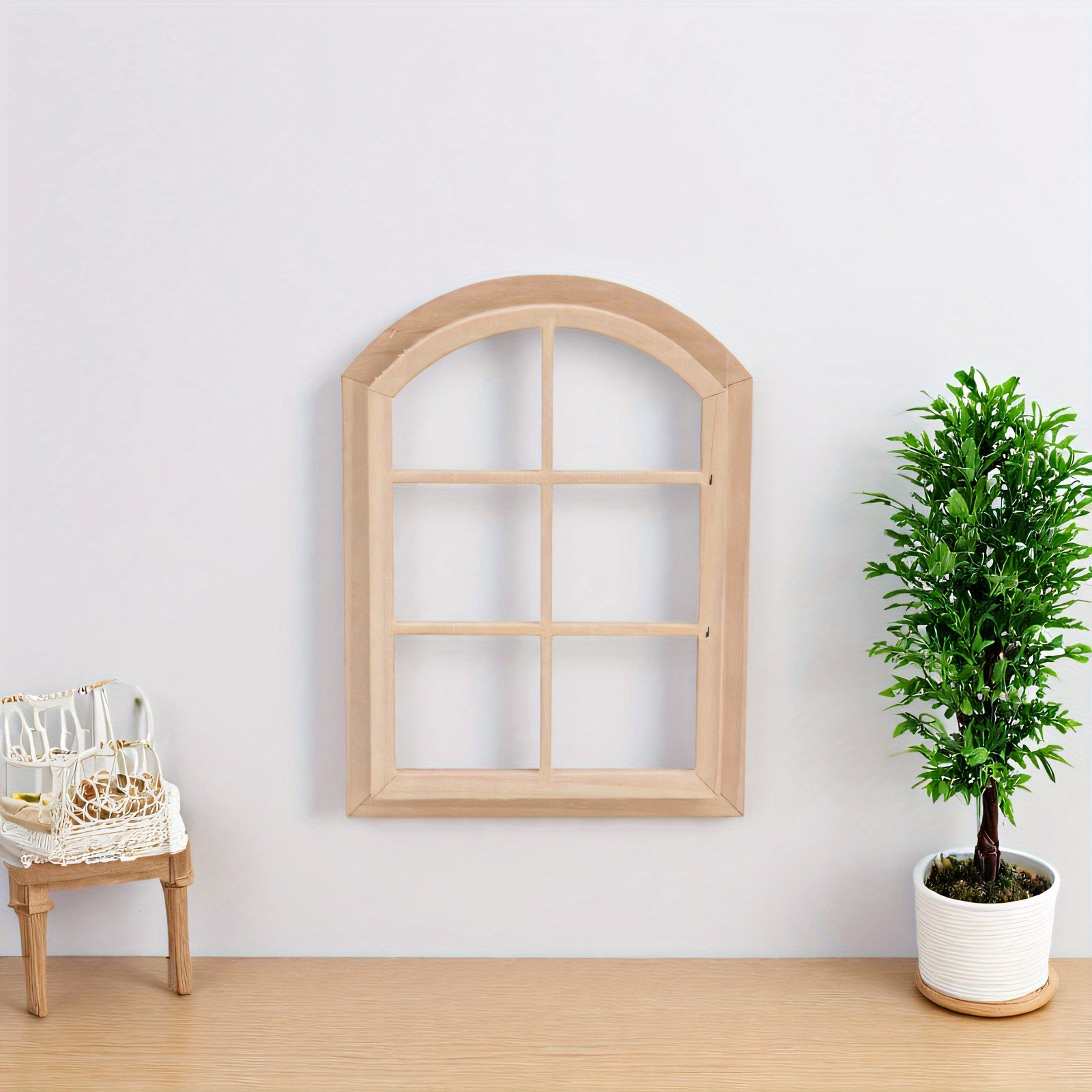 1:12 Scale Dollhouse Wooden Window Beige Fabric Glass Panel
