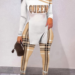 Irregular Bodycon Two piece Set Letter Print Long Sleeve Tops & Plaid Pants