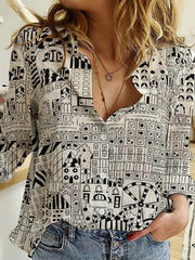  Casual Blouse Women's Plus Allover Print Long Sleeve Button Up Top