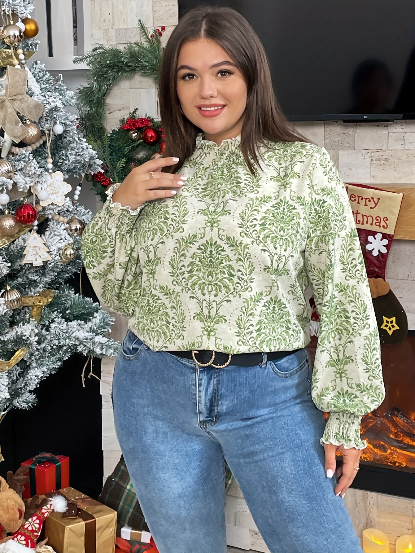  Boho Blouse Women's Plus Damask Print Lantern Sleeve Top