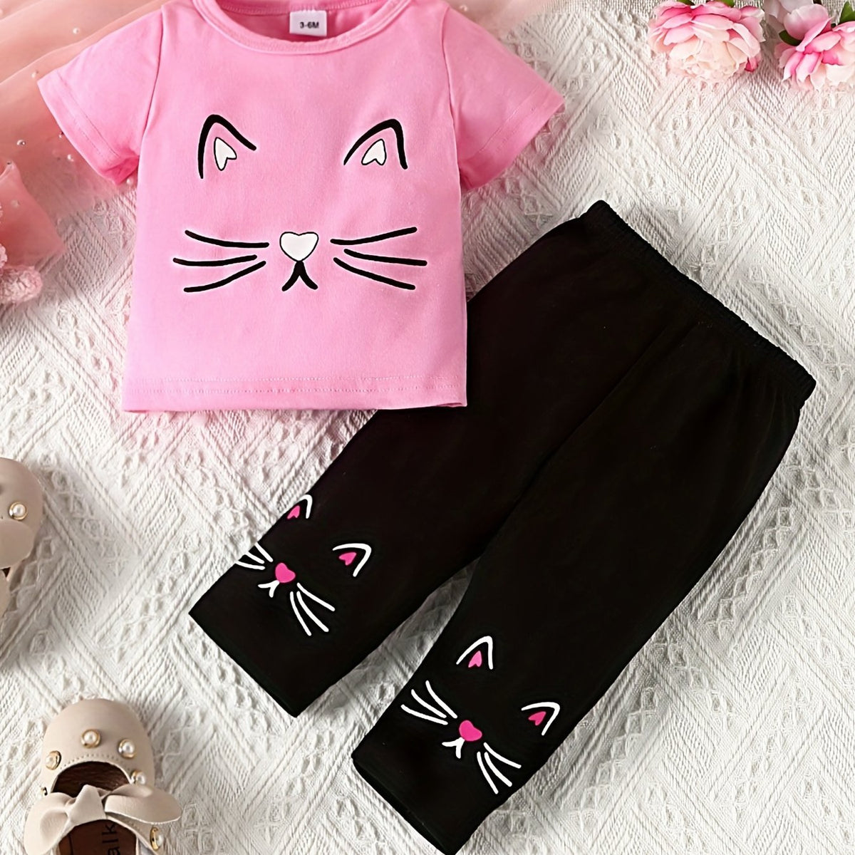 2pcs Baby Girls Cat Print T shirt & Pants Set