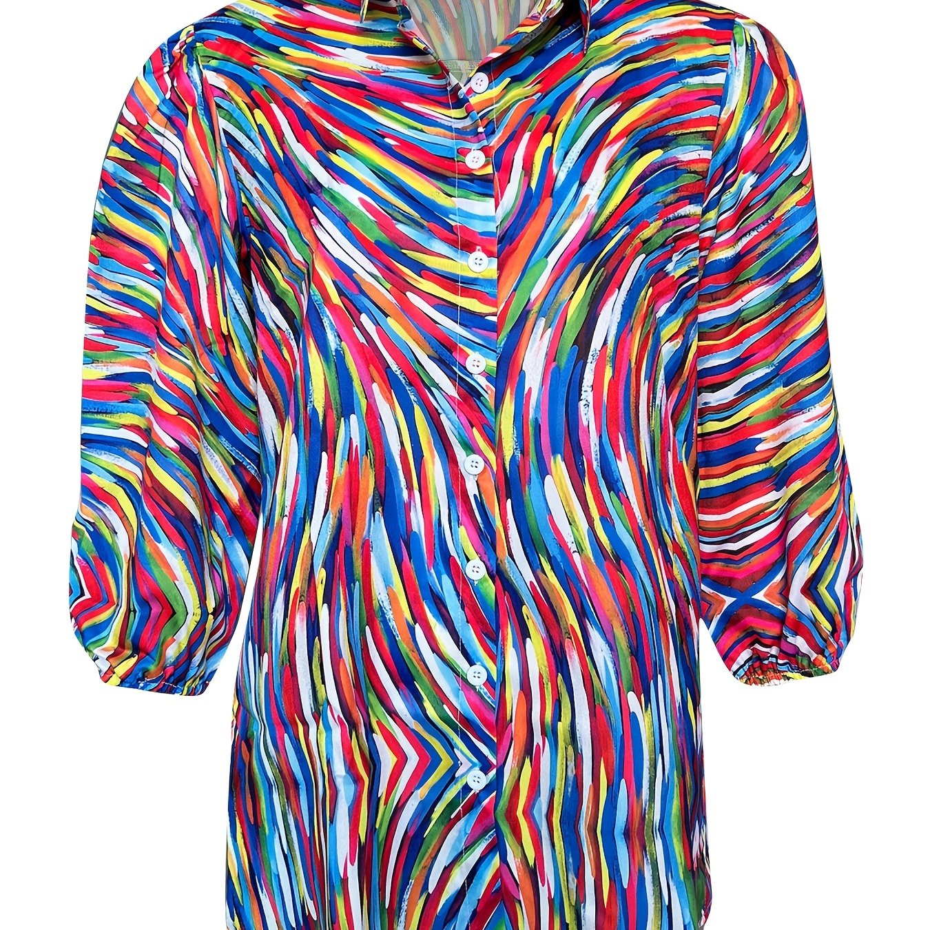  Casual Blouse Women's Plus Allover Print Button Up Half Sleeve