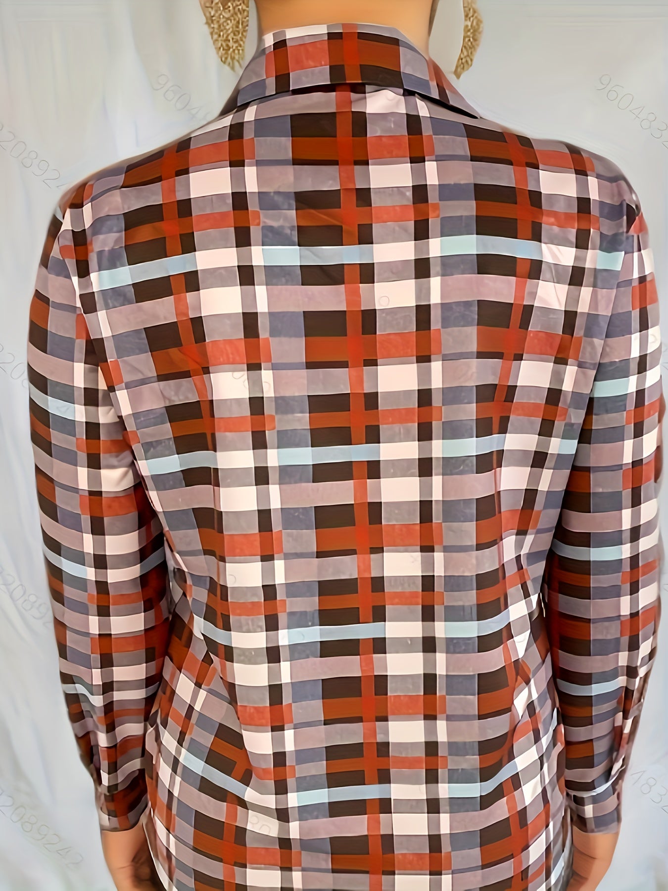  Plaid Print Long Sleeve Button Up Collar Top