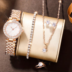 Kids Rhinestone Round Quartz Watch & 5pc Jewelry Set