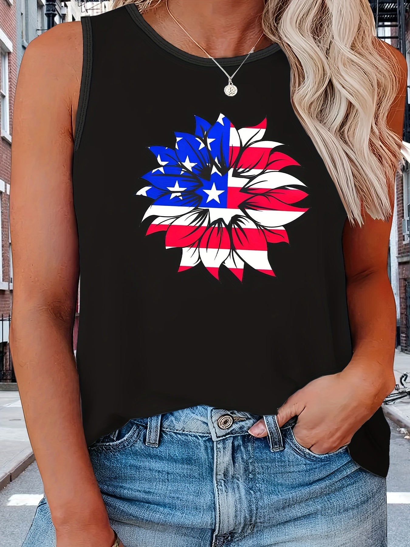  Independence Casual Tank Top Women's Plus Flag Pattern Graphic Print