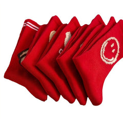 5 Pairs Red Crew Socks Lightweight & Comfy Women's Stockings