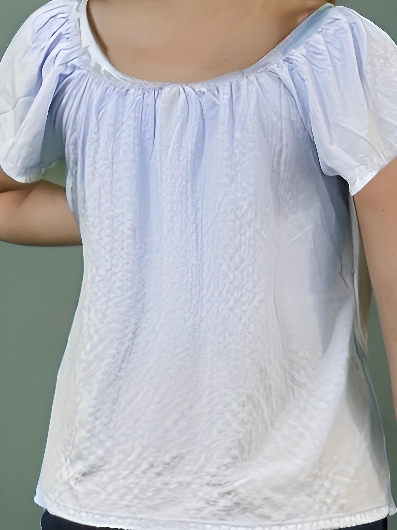  Lace Trim Blouse Short Sleeve Round Neck Top