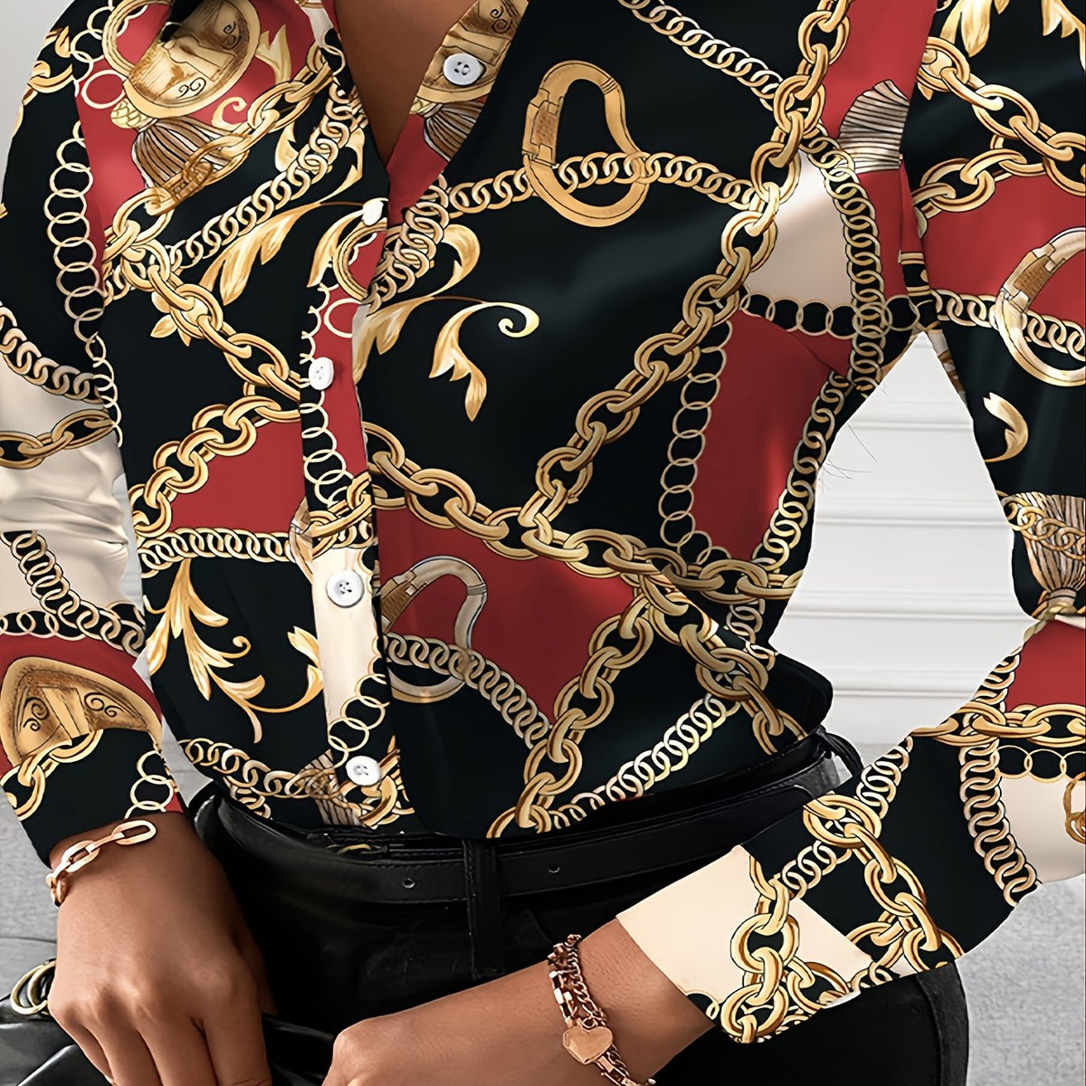  All Over Print Long Sleeve Blouse Women's Plus Casual Button Front