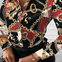 All Over Print Long Sleeve Blouse Women's Plus Casual Button Front