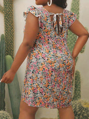  Floral Print Cap Sleeve Tie Back Dress