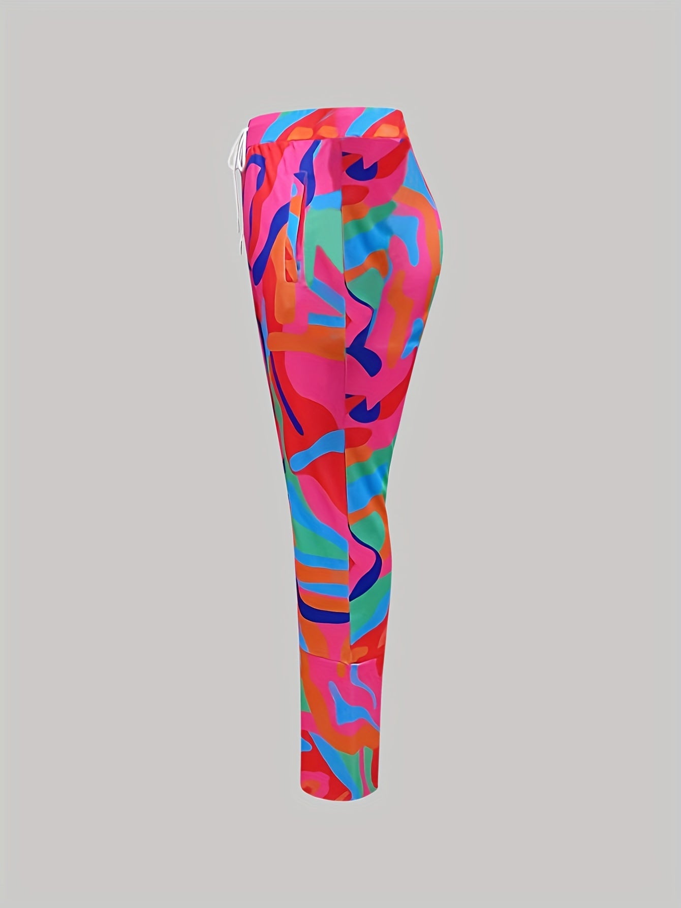  Flared Leg Trousers Abstract Print Elastic High Rise Pant