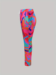  Flared Leg Trousers Abstract Print Elastic High Rise Pant