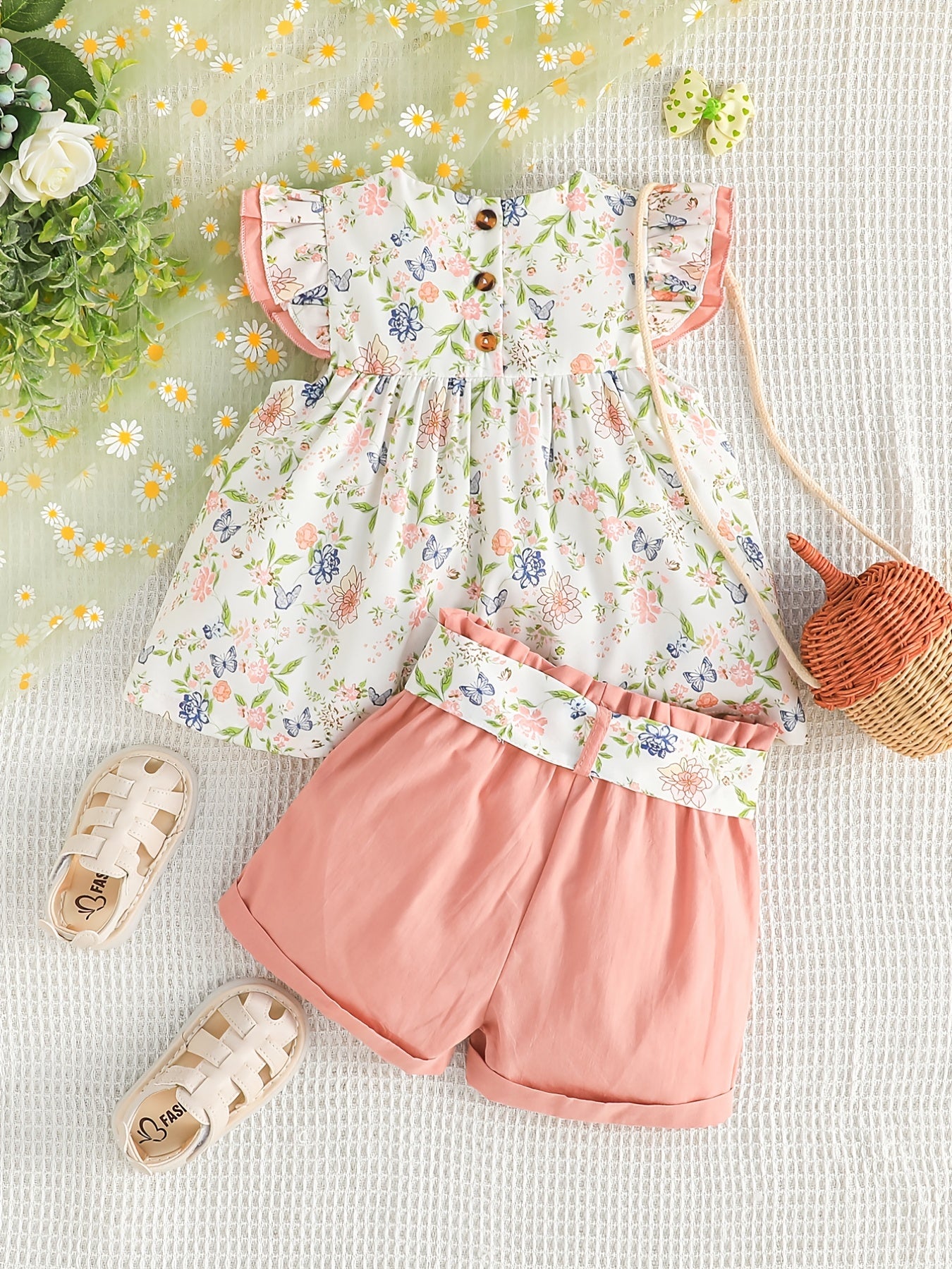 Girls Ruffled Sleeves Floral Blouse Top & Shorts Set