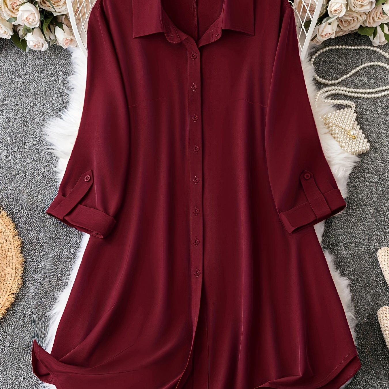  Solid Button Up Shirt Dress