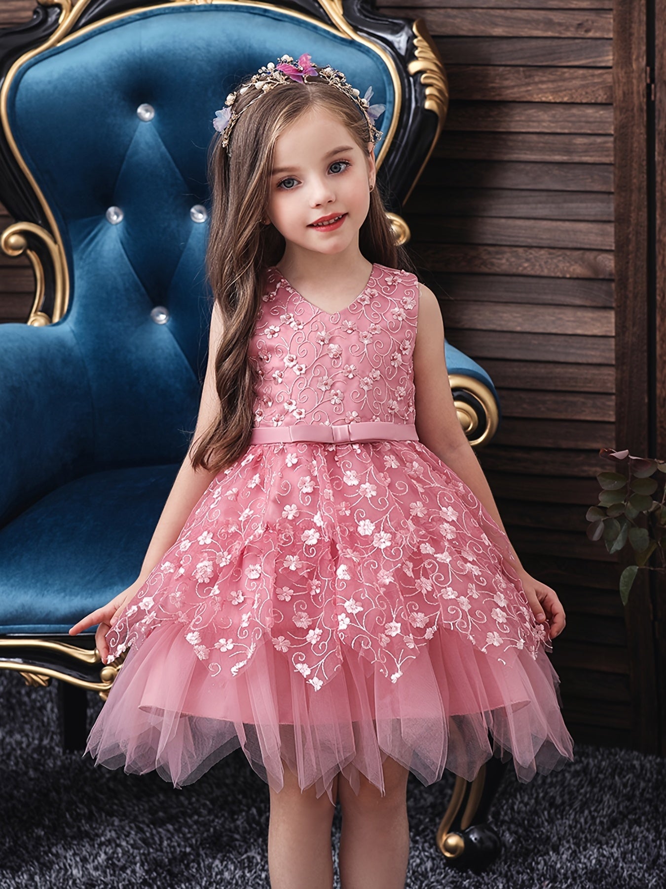 Girls Princess Dress Sleeveless Flower Embroidery Mesh Tutu Dress
