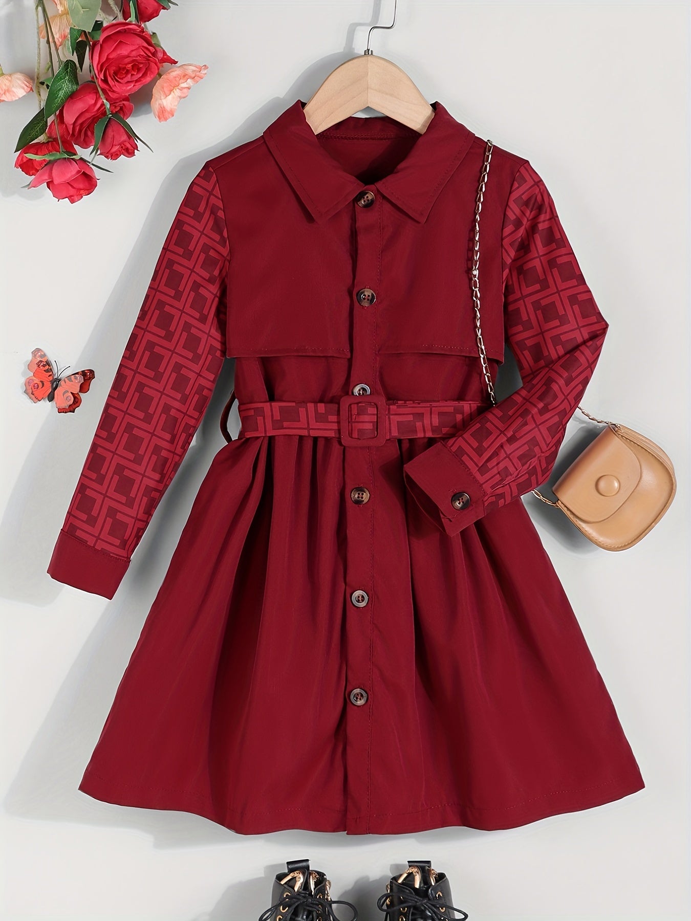 Girl's Geometric Print Long Sleeve Dress With Waistband