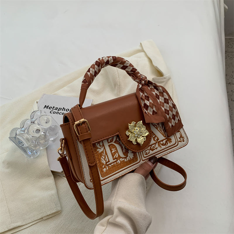 Letter Embroidery Hand Bag Scarf & Metal Decor Flap Crossbody Purse