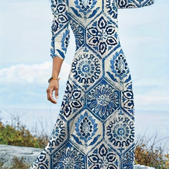 Boho Maxi Dress Plus Size Allover Print Long Sleeve Round Neck