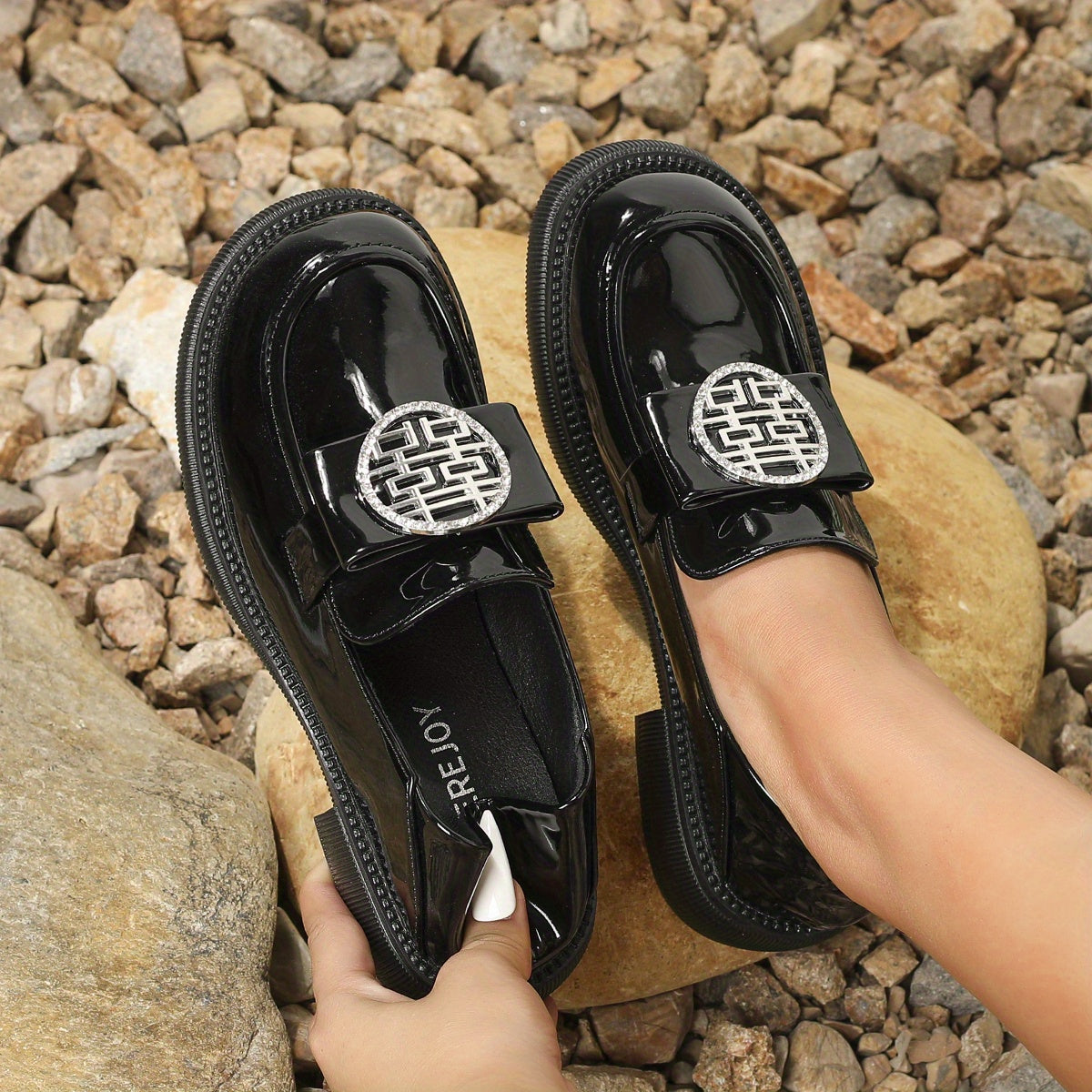 Rhinestone Decor Chunky Heel Loafers Slip On Shoes British Style