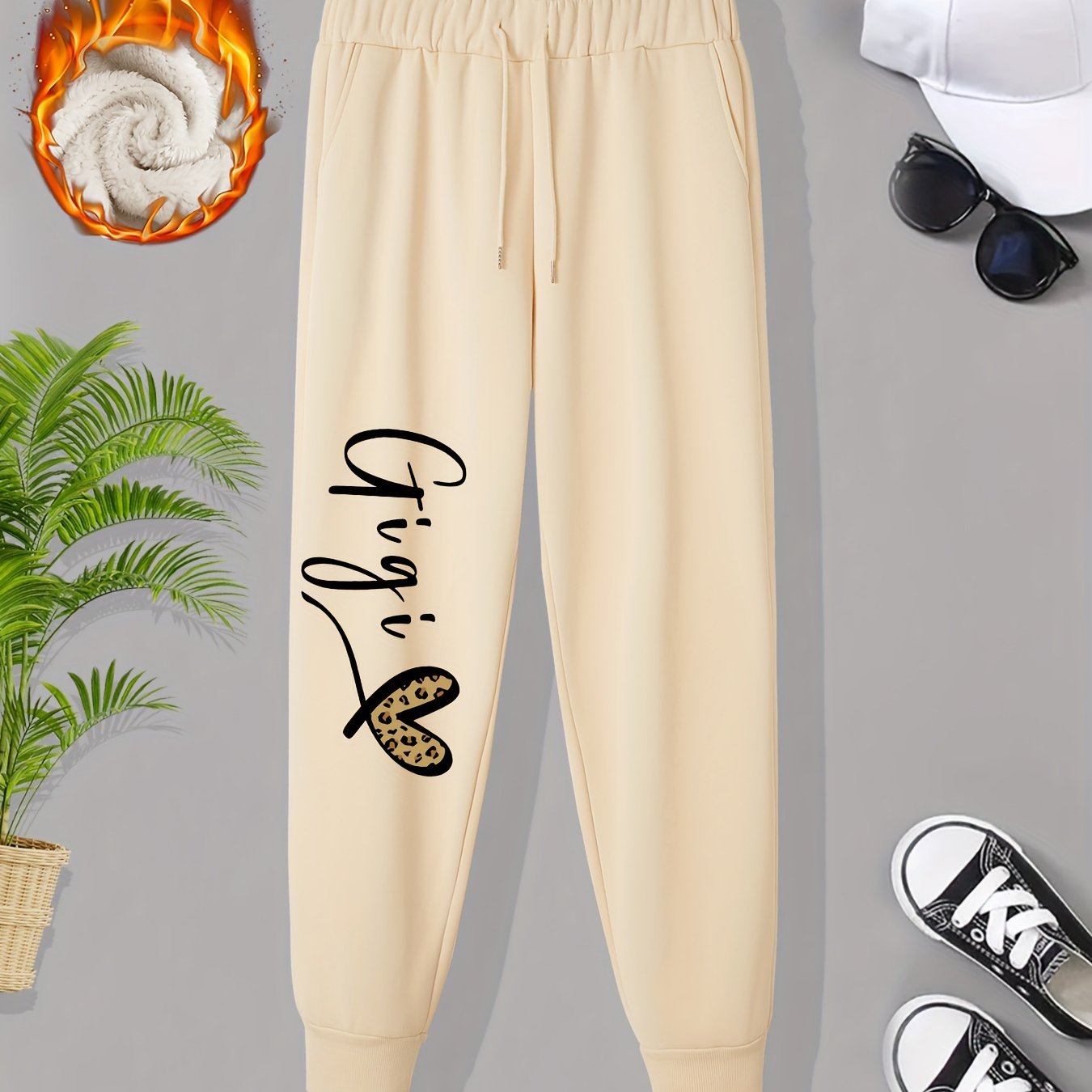  Leopard Print Fleece Joggers Elastic High Rise Pants