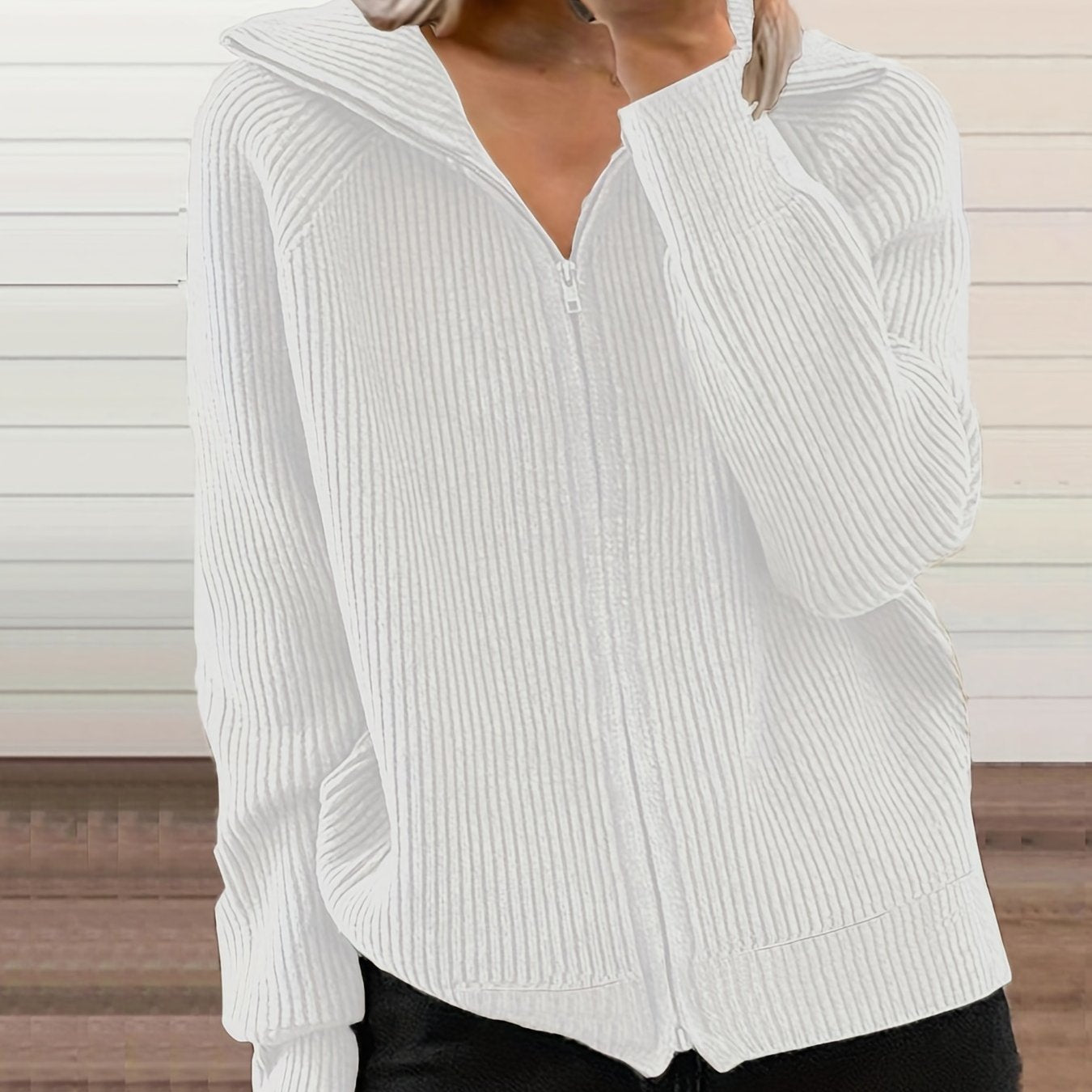 Solid Ribbed Long Sleeve Zipper Overcoat